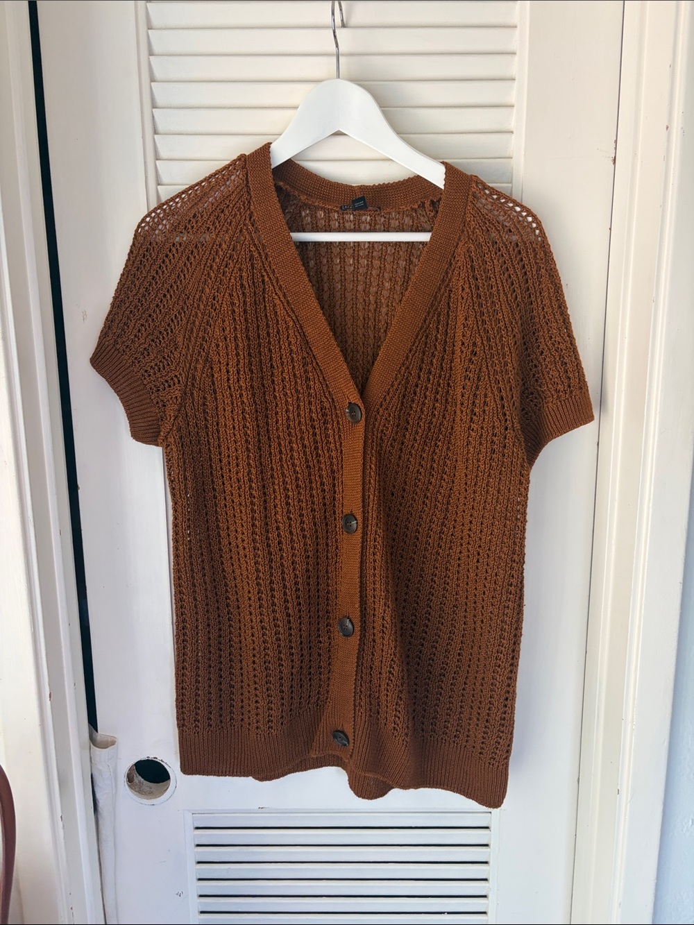 Hemp knit Short-Sleeve Open-Weave Cardigan in Rich Brown